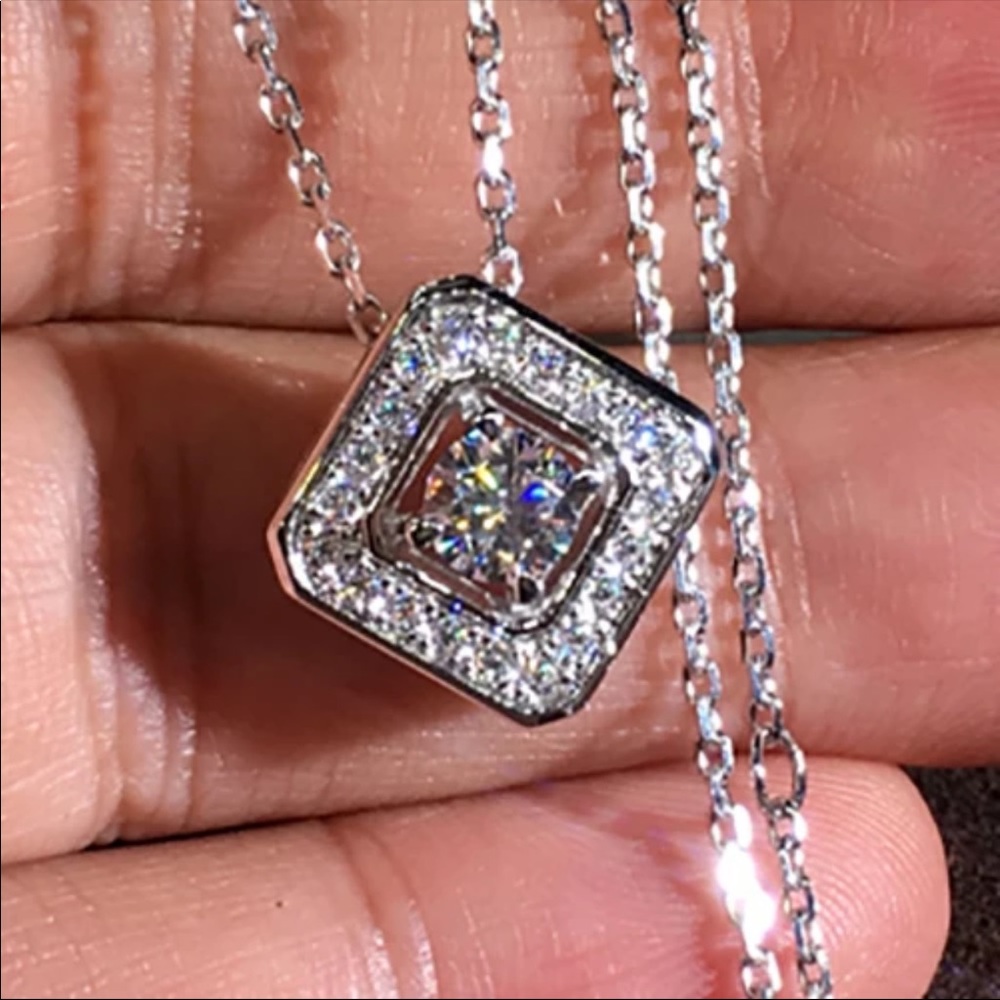 Square Cut 925 Silver Diamond Necklace New - Picture 3 of 4